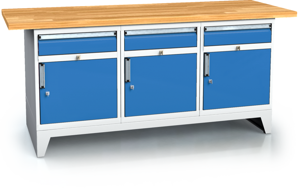 Workbenches alpede PROFI - board - container - massive base on feet 880 x 2000 x 700